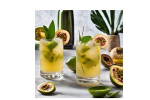 A vibrant Passion Fruit Caipirinha with Ginger and Lime Leaves, garnished with a lime wedge and a sprig of mint.