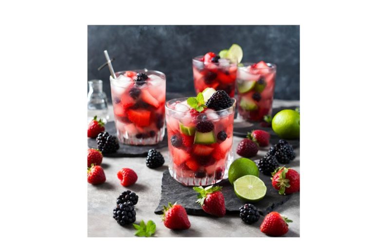 A vibrant Caipirinha de Frutas Vermelhas (Red Fruit Caipirinha), garnished with a lime wedge and a sprig of mint.